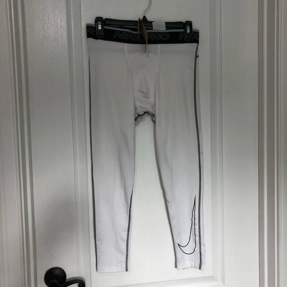 Nike Pro Dri-Fit Mens Leggings Sz Large White Logo Preppy‎ Tight Fit Activewear - Picture 1 of 10